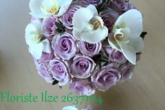 Klasisks rožu līgavas pušķis un piespraude līgavainim ar orhidejām, violets, balts